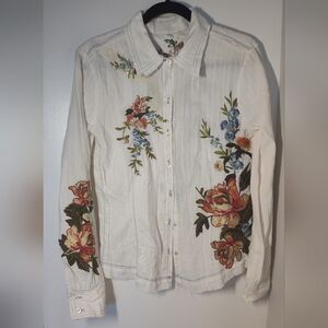 Johnny Was White Floral Embroidered Button Down Shirt